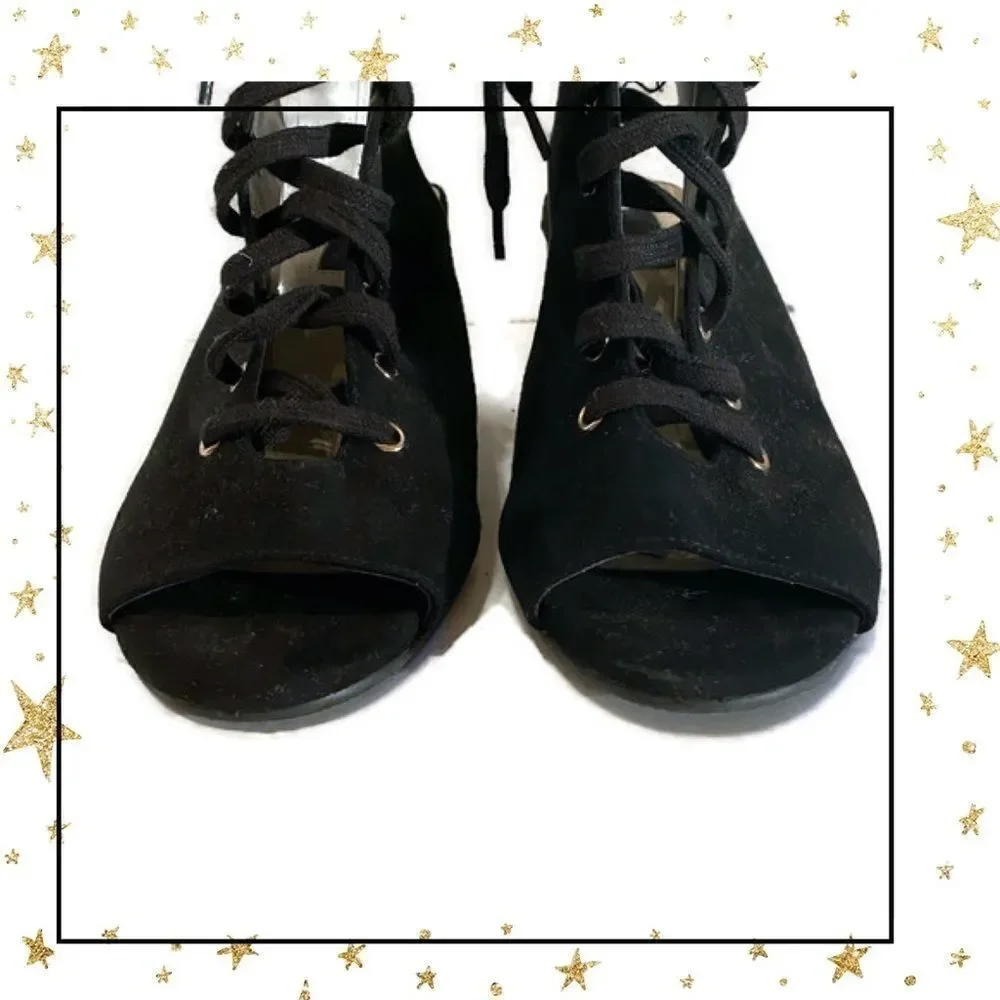 Forever 21 Black Suede Lace Up Peep Toe Wedges 8